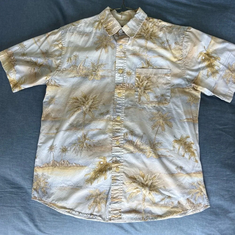 Tropical / Hawaiian David Taylor Cream and Gold Palm Print Shirt - Picture 5 of 5
